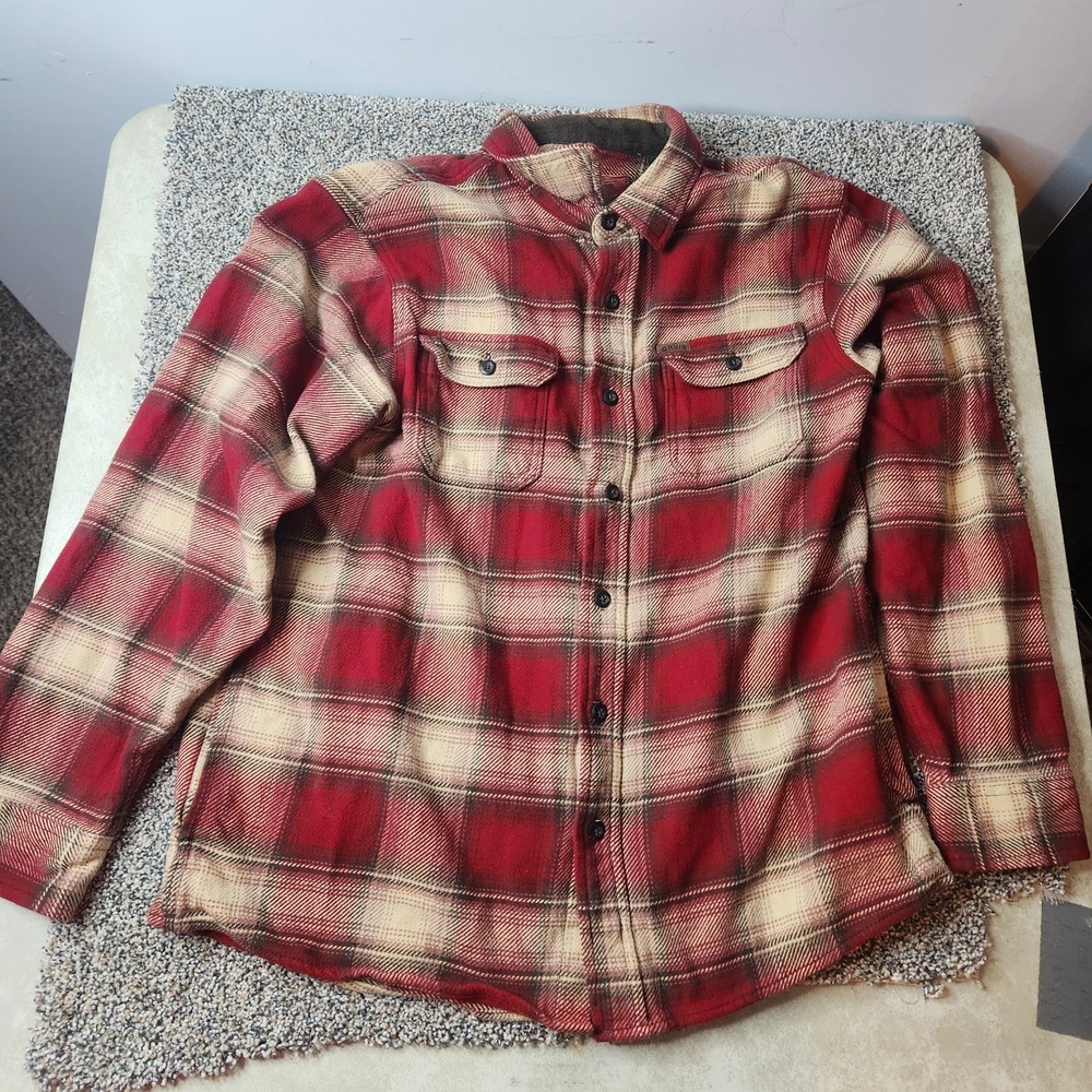 Orvis Mens Red Plaid Flannel Button Down Shirt Fleece Lined Collar Large